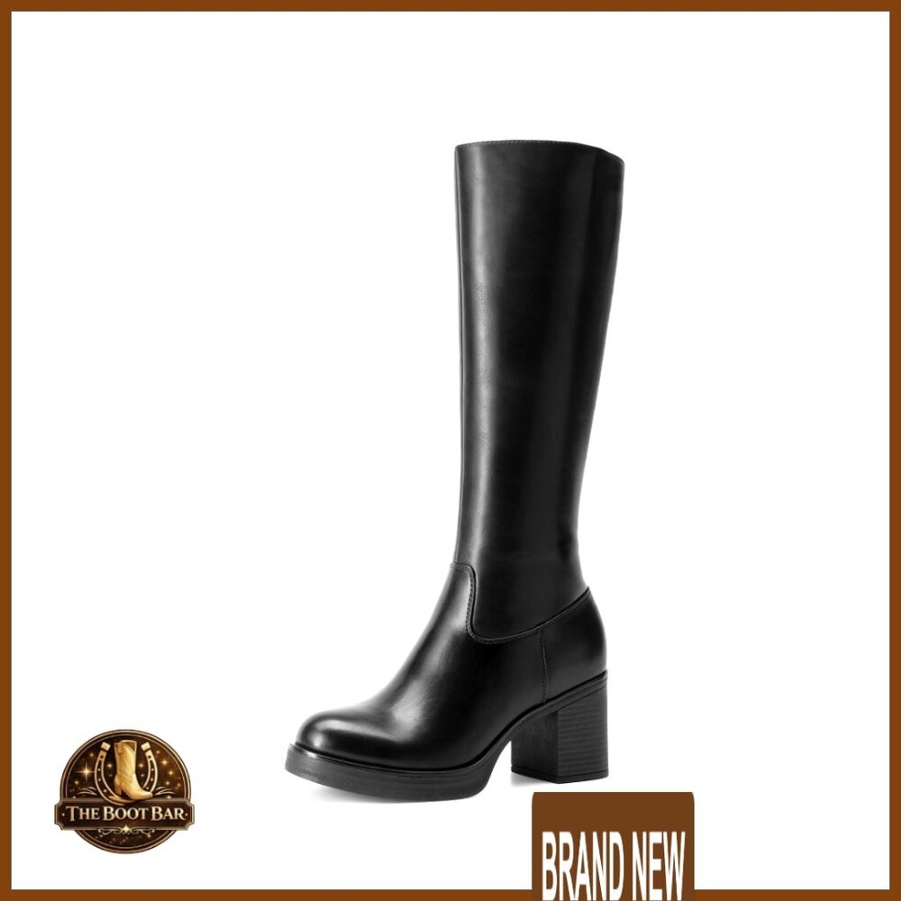 Knee High Boots Chunky Platform Heel Round Toe Side Zipper Comfortable Tall